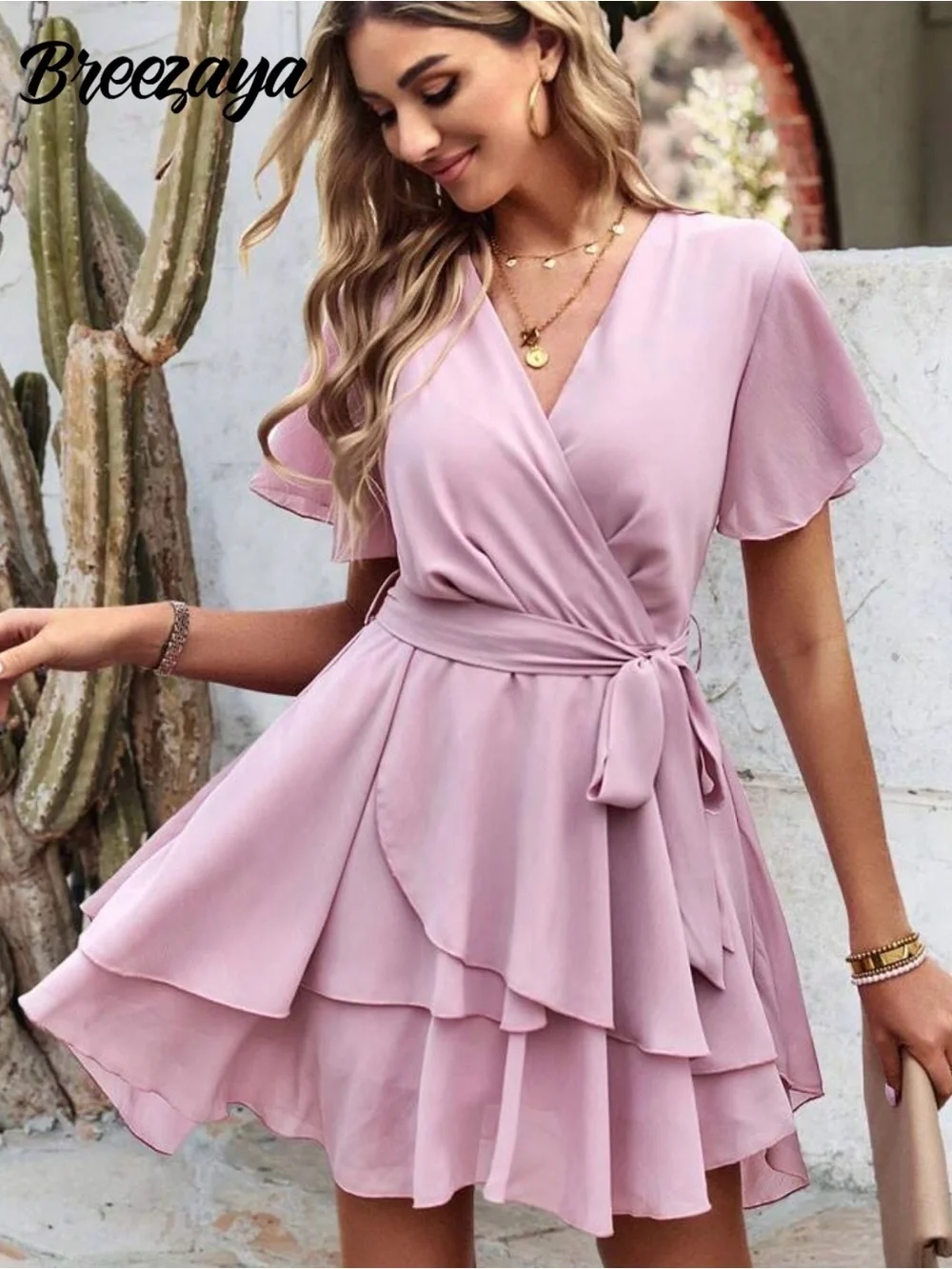 Women's Dusty Rose Wrap Babydoll Dress - Unbranded